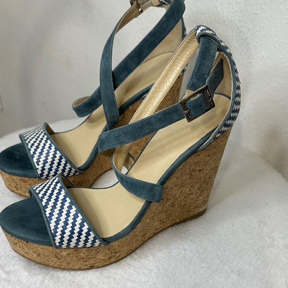 Jimmy Choo Blue and White Wedge Sandals - Picture 3 of 17